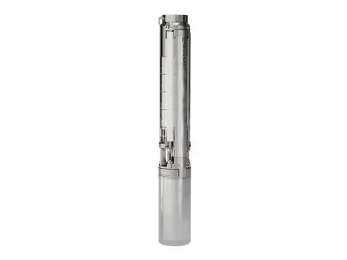 Stahlene Brunnenpumpe von Grundfos, vertikal mit einer glatten Oberfläche. Das Design zeigt einen nahtlosen Gehäuseaufbau ohne sichtbare Fugen oder Verbindungen.